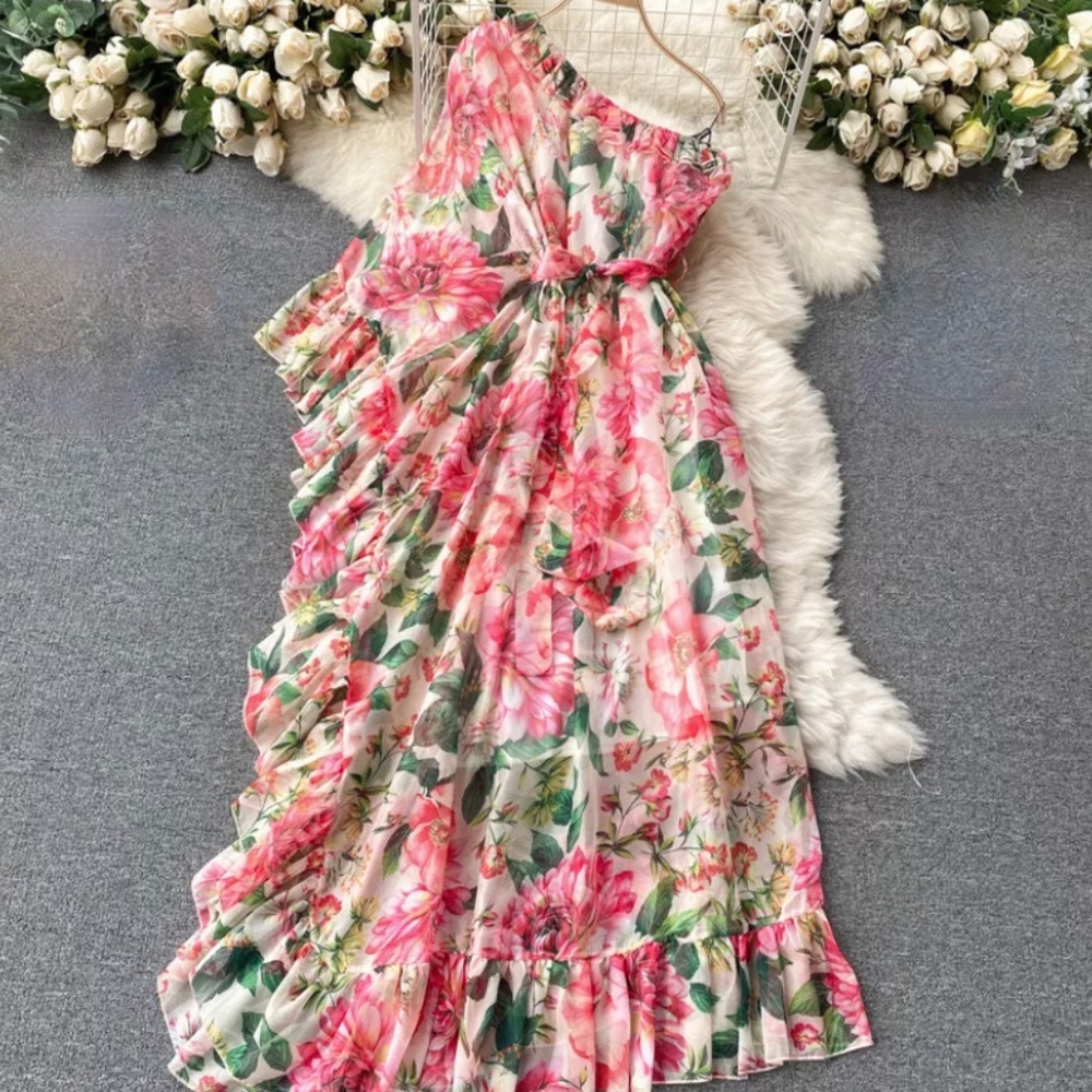Women One Shoulder Dress Ruffle Chiffon Floral Holiday Maxi Long Beach New